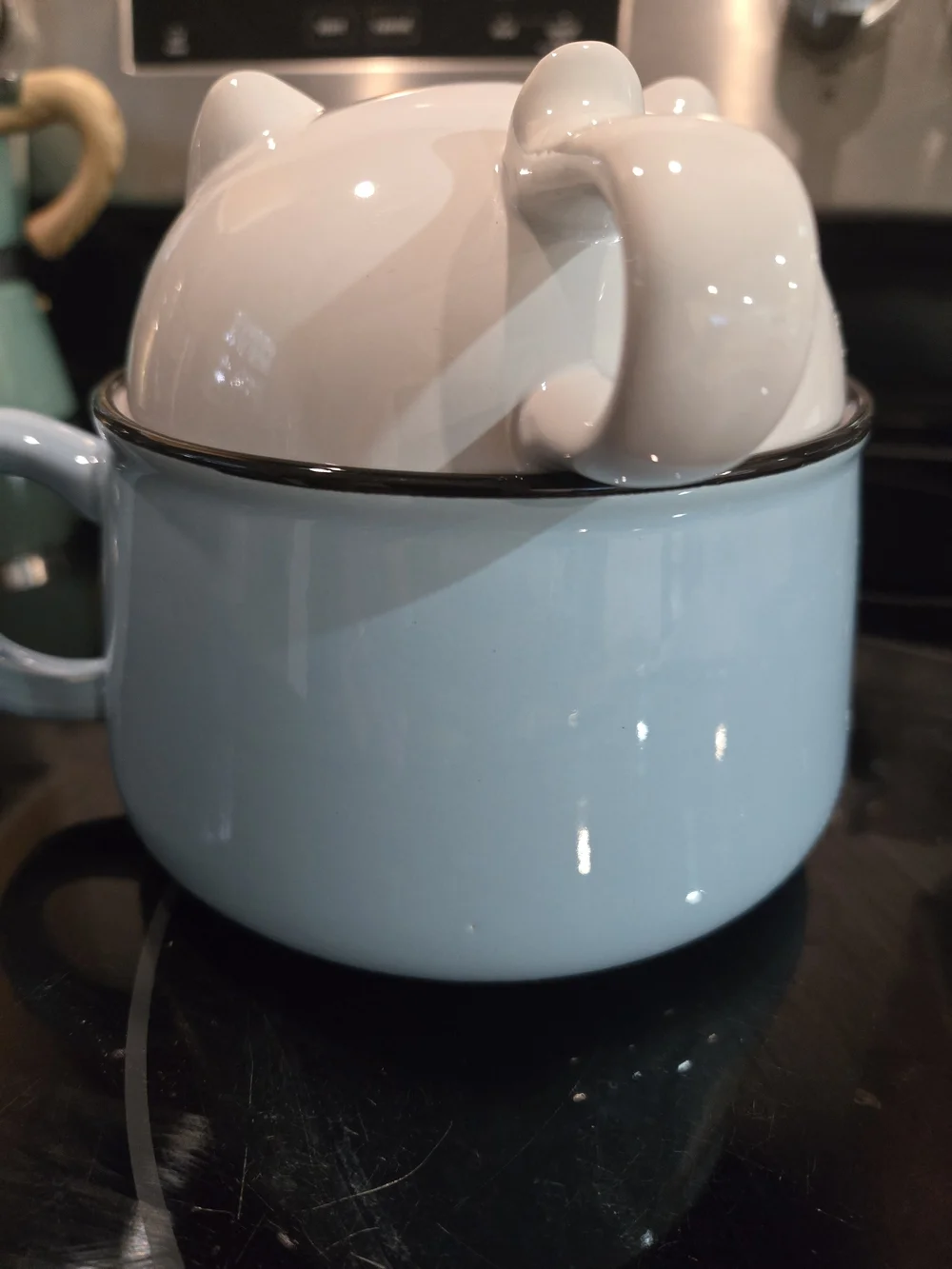 Source Unknown Blue Cat Ceramic Bowl with White Cat Lid